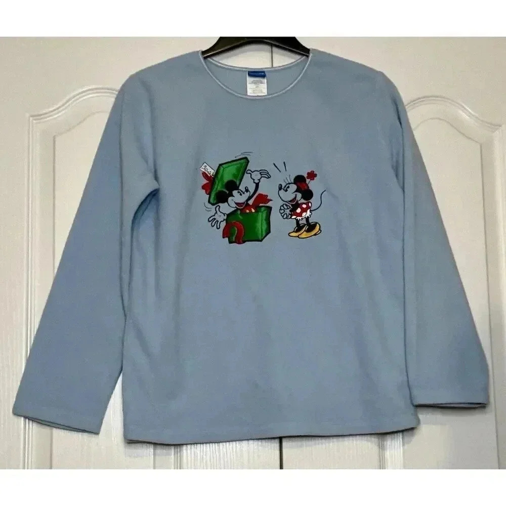 Disney Womens‎ Small Blue Fleece Mickey & Minnie Christmas Holiday Sweatshirt